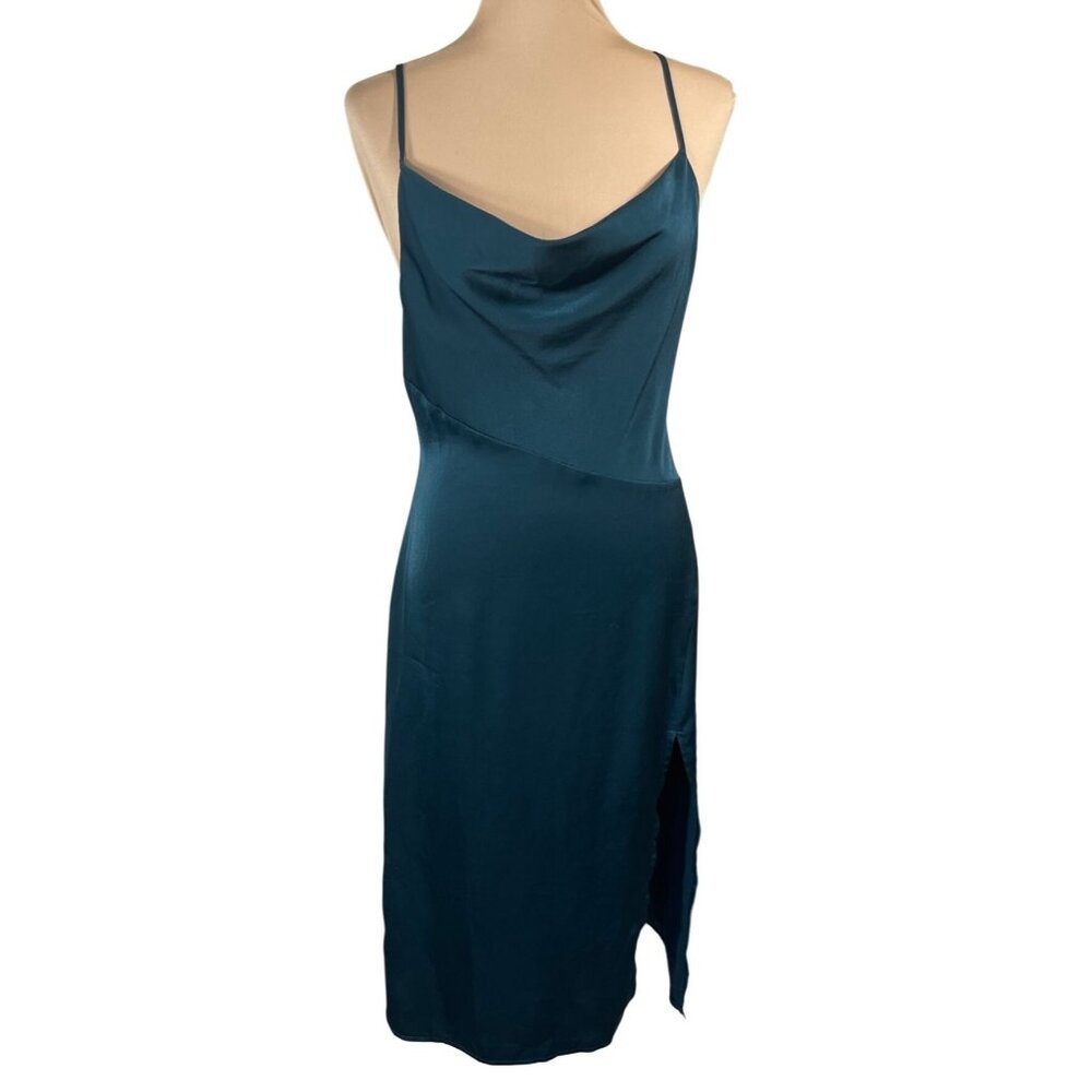 D&M Satin Slip Dress Draped Front Cami Green Bias Cut M Medium